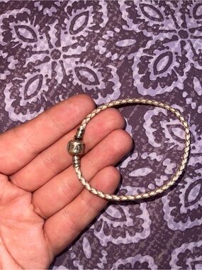 Pandora Braided Cream Leather Bracelet with Silver Logo Clasp